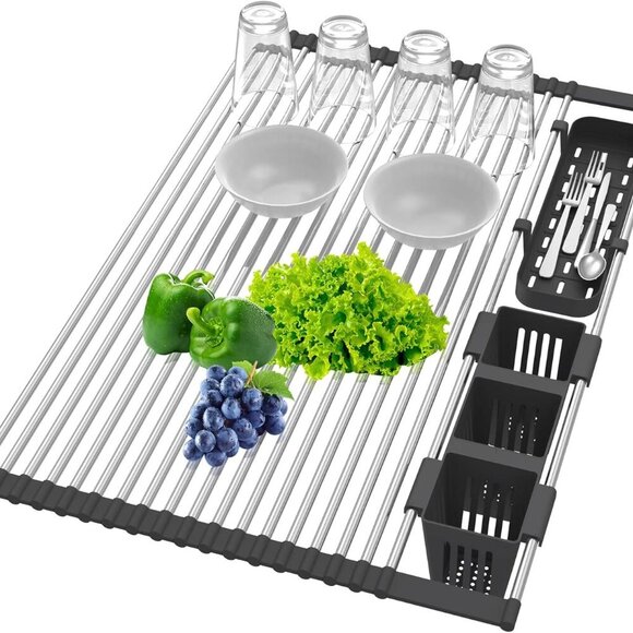 Extra Large Black Expandable Roll Up Dish Drying Rack Up to 25.1''with 2 Storage - Picture 3 of 7